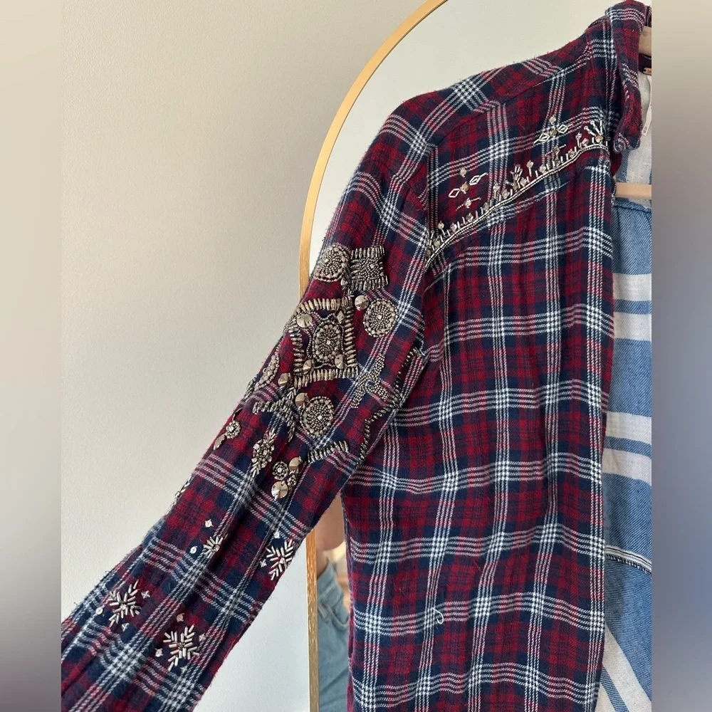 Free People Silver Sequin Plaid Button-Up Shirt - Picture 6 of 11